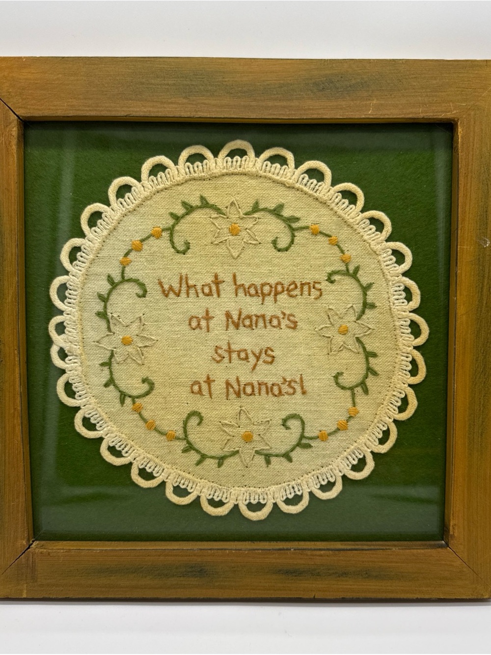 What Happens At Nana’s Stays At Nana’s Wood Framed Embroidery 9.25 X 9.25” Art